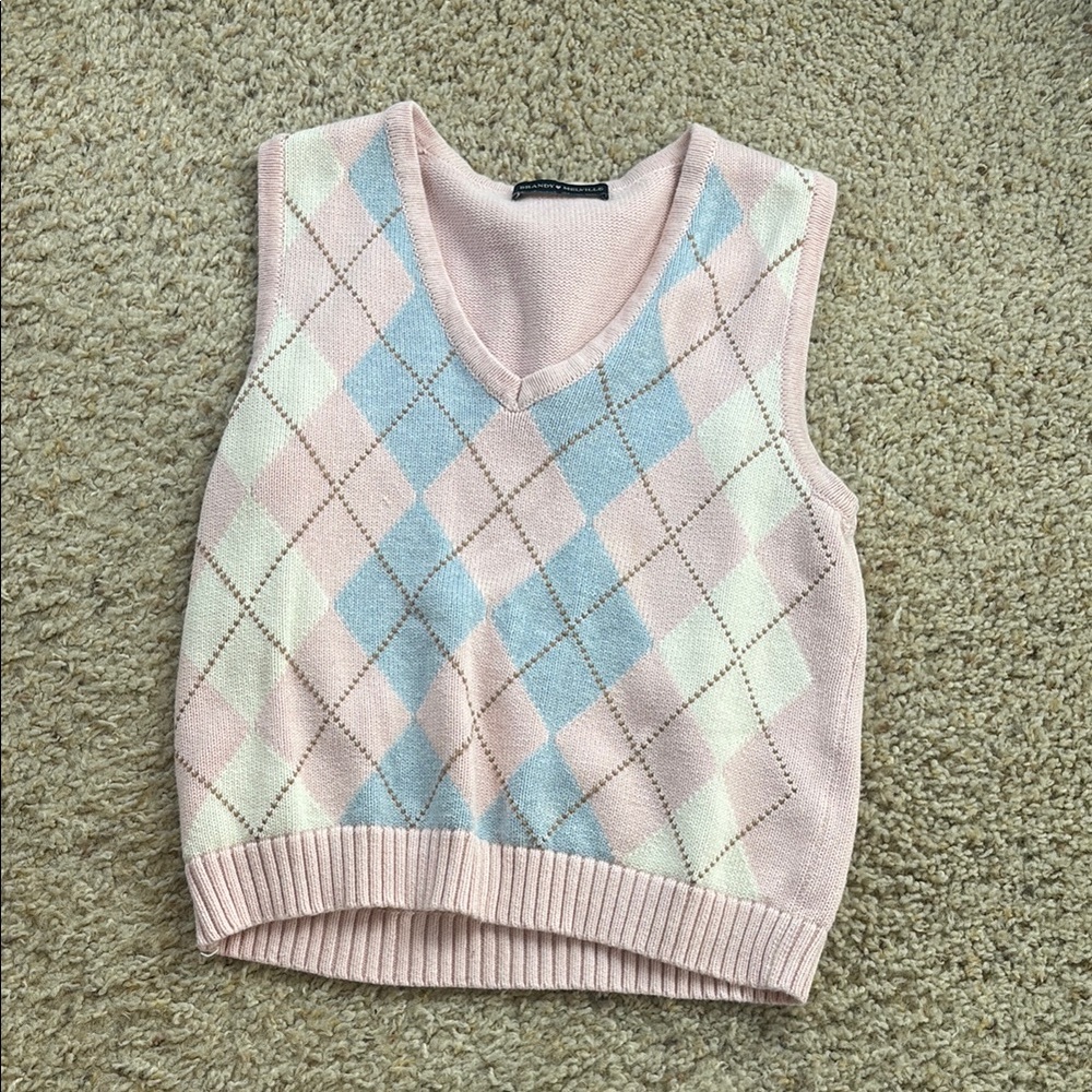 Argyle Knit Sweater Vest in Pastel Pink and Blue